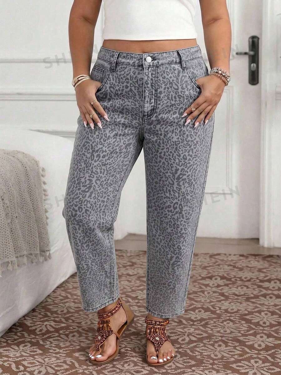 Breezaya Plus Size Women Leopard Print Pocket Button Casual Versatile Daily Wear Denim Jeans - Multicolor - View 1