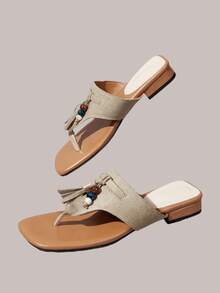 Styleloop Women's Rhinestone Plant Design Casual Flat Sandals - Beige + tassel - View 6