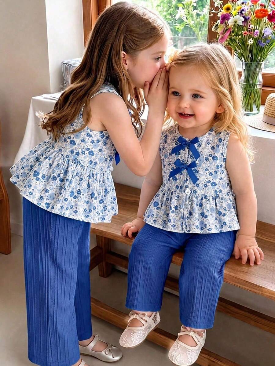 SHEIN Vintaside Kids 2件組女嬰幼兒/新生兒 0-3歲 春夏休閒甜美日常度假條紋梭織無袖背心上衣+寬腿褲兩件套 - 藍色 - 查看 1