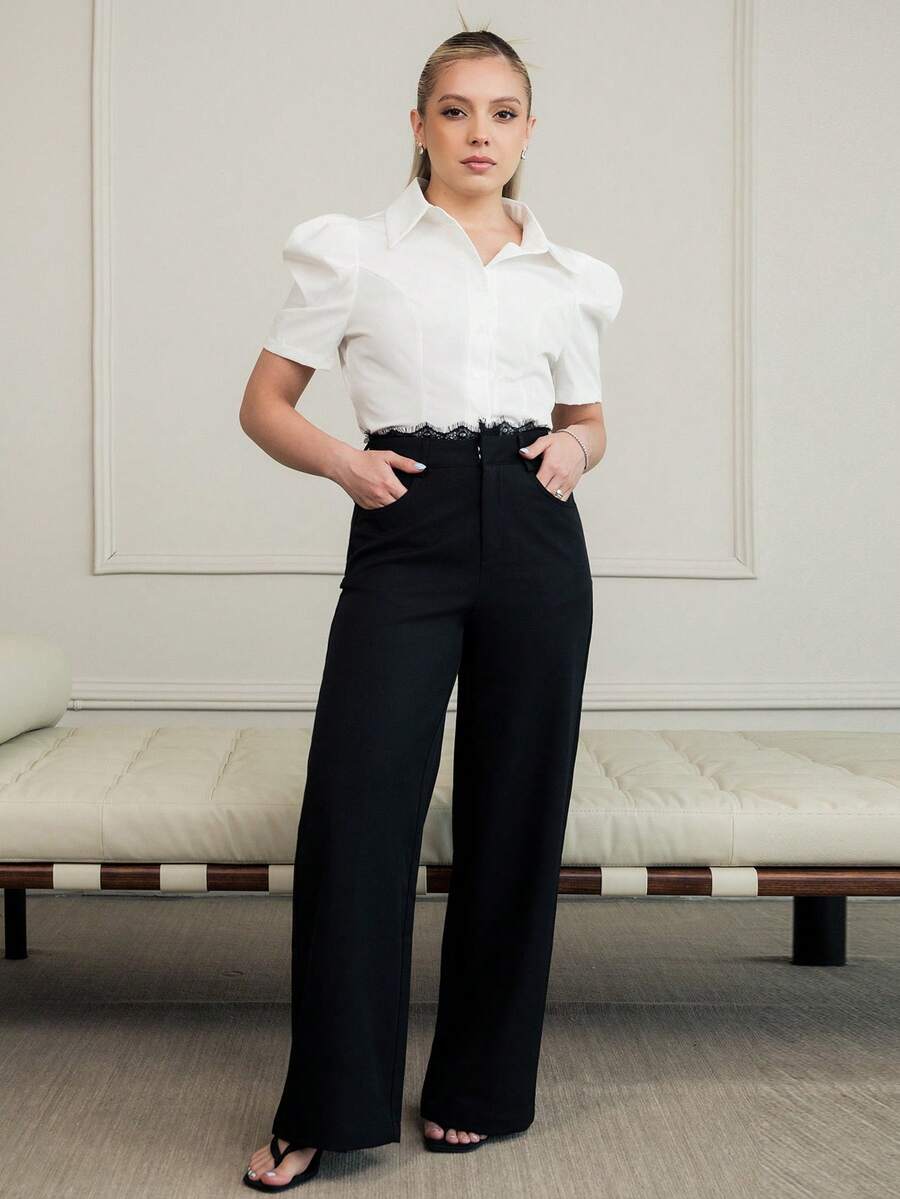 Ximena Robles Ximena Robles Loose Casual Contrast Lace Women Black Pants Y2k Fall - Black - View 1