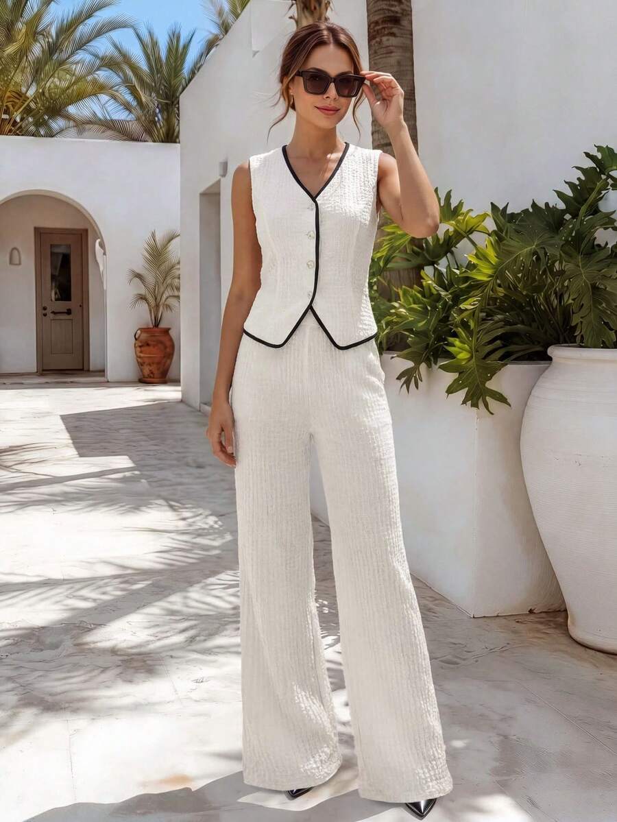 Chiquease Women's Spring/Autumn Bohemian Button Decor V-Neck Short Vest Matched With Long Wide-Leg Pants Commuter Outfit, Apricot Tweed Contrast Color Set - Apricot - View 1