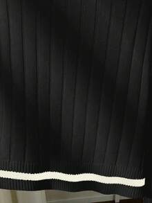 Franclia Contrast Trim Simple Long Sleeve Embroidered Horse Head Polo Collar Knit Sweater Preppy Tops - Black - View 5
