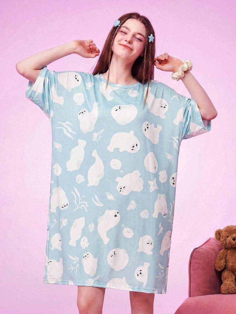 Notgurli Moo Moo House Dress Seal Cute Print Loose Pocket Nightgown Home & Living - Multicolor - View 1