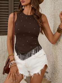 Wildy Atasan Crop Top Berumbai Hitam Berhiaskan Stud untuk Festival Musik Barat Musim Panas Gaya BOHO, Pesta Dansa Musim Panas Eropa untuk Liburan, Atasan Musim Panas - Coklat - View 7