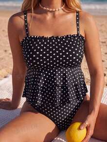 Swim Mod Plus Size Women's Summer Beach Vacation Polka Dot Print Ruched Bust Spaghetti Strap Swimwear Set - Black and White - View 4