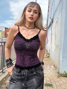 Fairycore ROMWE X Lorella Women's Summer Rhinestone Floral Printed Lace Spliced Camisole Cami Top - Purple - View 5