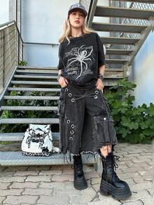 Grunge Punk ROMWE X Lorella 女款復古做舊蜘蛛標語印花雪洗短袖T恤，適合嘻哈街頭風與音樂節，DON'T TOUCH THE BOTTOM LINE，校園，中性款 - 黑色 - 查看 2