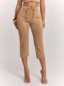 SHEIN BAE Women's Casual Elegant Commute Low Waist Capri Pants With Tie Design, Slim Fit, Camel Suede, Work Wear, Daily Wear Brunch Going Out Summer - Brown - View 4