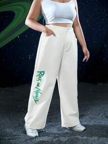 Rick and Morty X SHEIN Plus Cartoon & Letter Graphic Straight Leg Pants - Beige - View 6