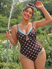 Swim Mod Baju Renang Wanita Model One-Piece Ukuran Plus Musim Semi/Panas Terbaru 2026 Motif Polkadot Acak, Leher Bulat Lebar, Desain Cincin Putih di Bagian Tengah Depan, Tali Bahu Dua Warna yang Dapat Dilepas, Cocok untuk Liburan di Pantai - MultiWarna - View 6