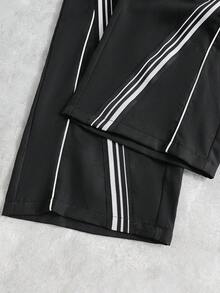 SHEIN 1件男士青少年保暖內裡加厚時尚簡約休閒運動風織帶設計拼接寬腿直筒梭織長褲，舒適面料，秋季新款，適合運動穿搭與多季節穿著 - 黑色 - 查看 4