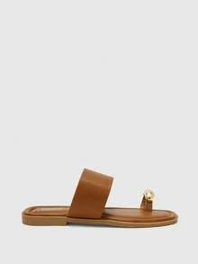 CUCCOO BIZCHIC Women Shoes Multi-Colored Leather Metal Finger Buckle Square Toe Flat Bottom Fresh Casual Style Suitable For Daily Travel Beach Wear - Brown - View 6