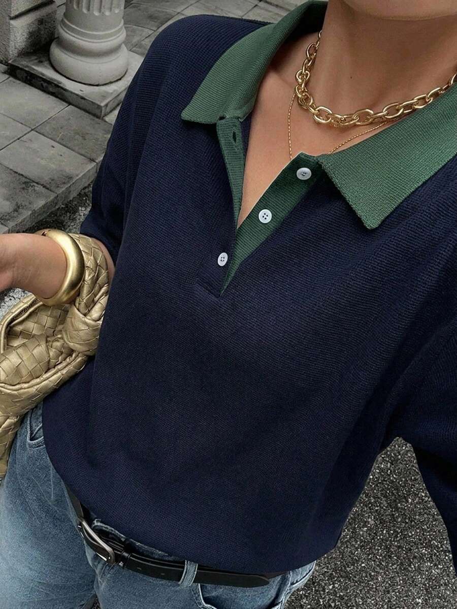 Dazy Plus 女款大尺碼拼色拼接條紋寬鬆 Polo 領中袖休閒夏季 T-shirt - 藏蓝色 - 查看 1