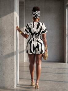 BamGlimmer Randomly Selected Allover Printed Batwing Sleeve Belted Romper For Summer - Black and White - View 2