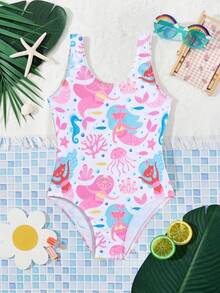 Young Girl Cute Sweet Cartoon Mermaid Seahorse Ocean Print Round Neck One-Piece Swimsuit Summer Beach Party - Baby Pink - View 3