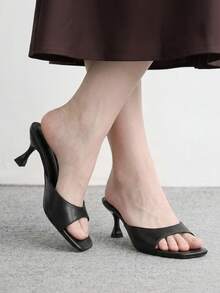 CUCCOO BIZCHIC 女款方頭低跟拖鞋，氣質露趾涼鞋，日常休閒通勤鞋款高跟設計 - 黑色 - 查看 6