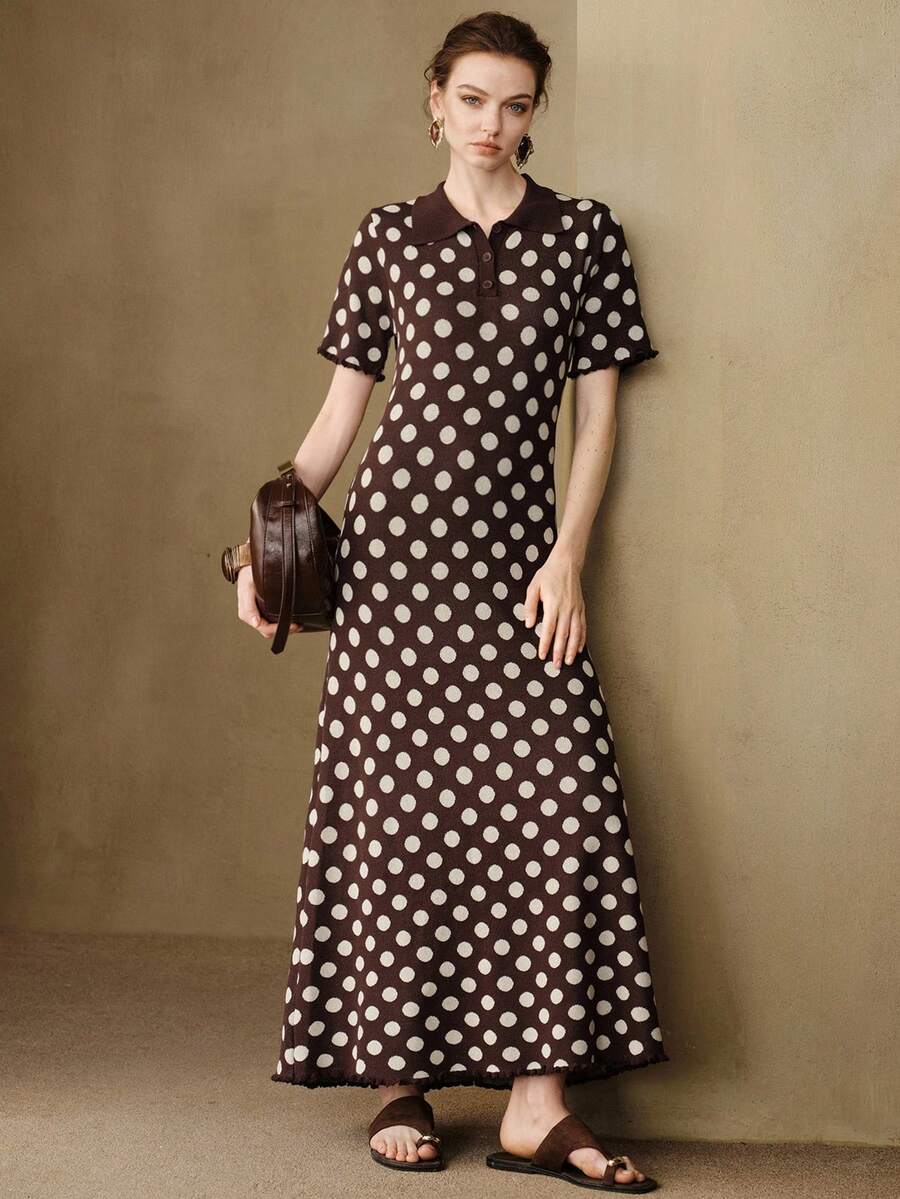 Arave Women's Dress Slim Fit Knit Polo Button Raw Edge Vintage Retro Elegant Brown And White Polka Dot Party Everyday High Tea Brunch Wedding Birthday Fall
