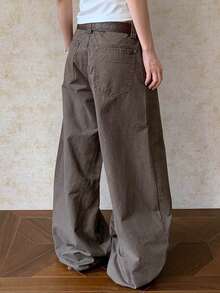 Livesso Celana Jeans Wanita Model Longgar Potongan Lurus Pinggang Rendah Warna Cokelat Tua Bahan Denim Cuci Banyak Saku Gaya Jalanan Potongan Lebar untuk Musim Gugur - Dark Grey - View 2