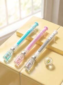 Zazumi 1pc/2pcs/3pcs Novelty Syringe Design Writing Pens, Clear Plastic With Colored Decor Parts, Vaccine Bottle Motif 0.5mm Fine Point Pen For Daily Planner Draft Work, Gift For Desk Organizers Festival Gift - multicolor - View 6