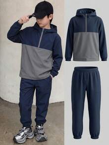 SHEIN 2件組兒童青少年男孩半拉鍊連帽夾克與慢跑長褲套裝，適合通勤、上學、日常休閒穿著、運動，秋冬款 - 寶藍色 - 查看 2