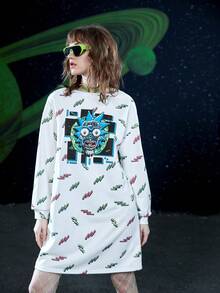 Rick and Morty X SHEIN 休閒卡通圖形下垂肩寬鬆連衣裙，春秋兩季款式 - 彩色 - 查看 7
