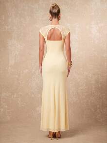 Lumalex New Lace Patchwork Light Yellow Mermaid Hem Waist-Flattering Ruched Long Dress - Light Yellow - View 13