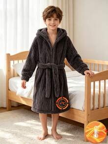 Tween Boy Autumn Warm Hooded Robe Loungewear Lounge Night Grey Casual Soft Form - Grey - View 1