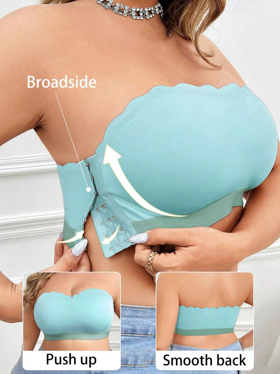 SHEIN Áo ngực hai dây cài nút bên hông cỡ lớn không dây - Màu xanh lam - Xem 1