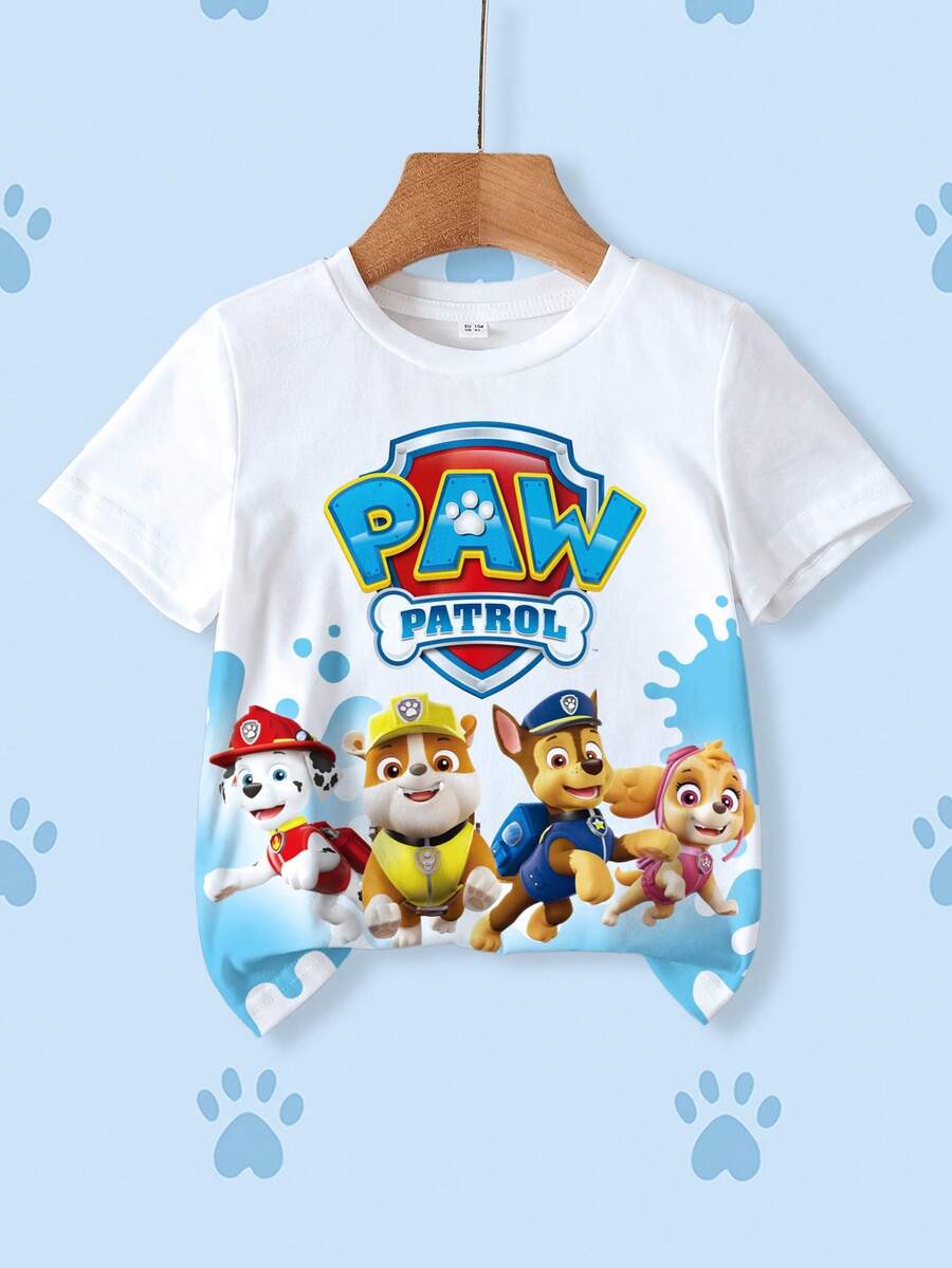 SHEIN | PAW Patrol 男童圆领字母印花休闲百搭日常短袖T恤 - 白色 - 查看 1