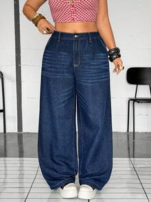 Jeanoix Plus Size Dark Blue Denim Jeans, Premium Texture, Non-Stretch Straight Leg Long Pants - Dark Wash - View 7
