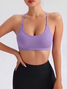 SHEIN Sports 女款純色無縫運動內衣，適合休閒日常穿著 - 紫色 - 查看 2
