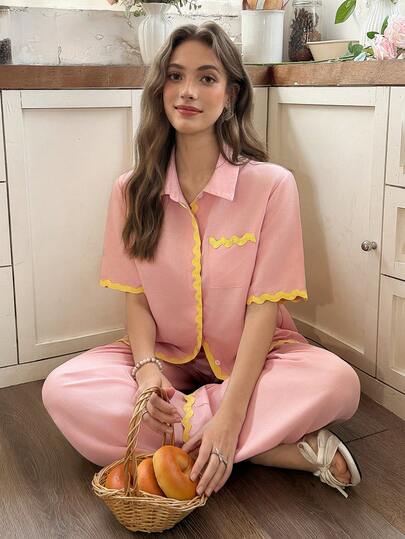 Snug Reverie Pink Tone Lapel Short Sleeve Pajama Set, Bright Yellow Wavy Lace Wide Leg Long Pants Home Wear 2 Pieces Set