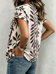 SHEIN Summer Tops, June Festival, Beach Vacation Wear, Casual Tropical Breezy Elegant Women's Social Tops, Country Style, Leaf Print, Beige Tie-Up Shirt - Apricot - View 3