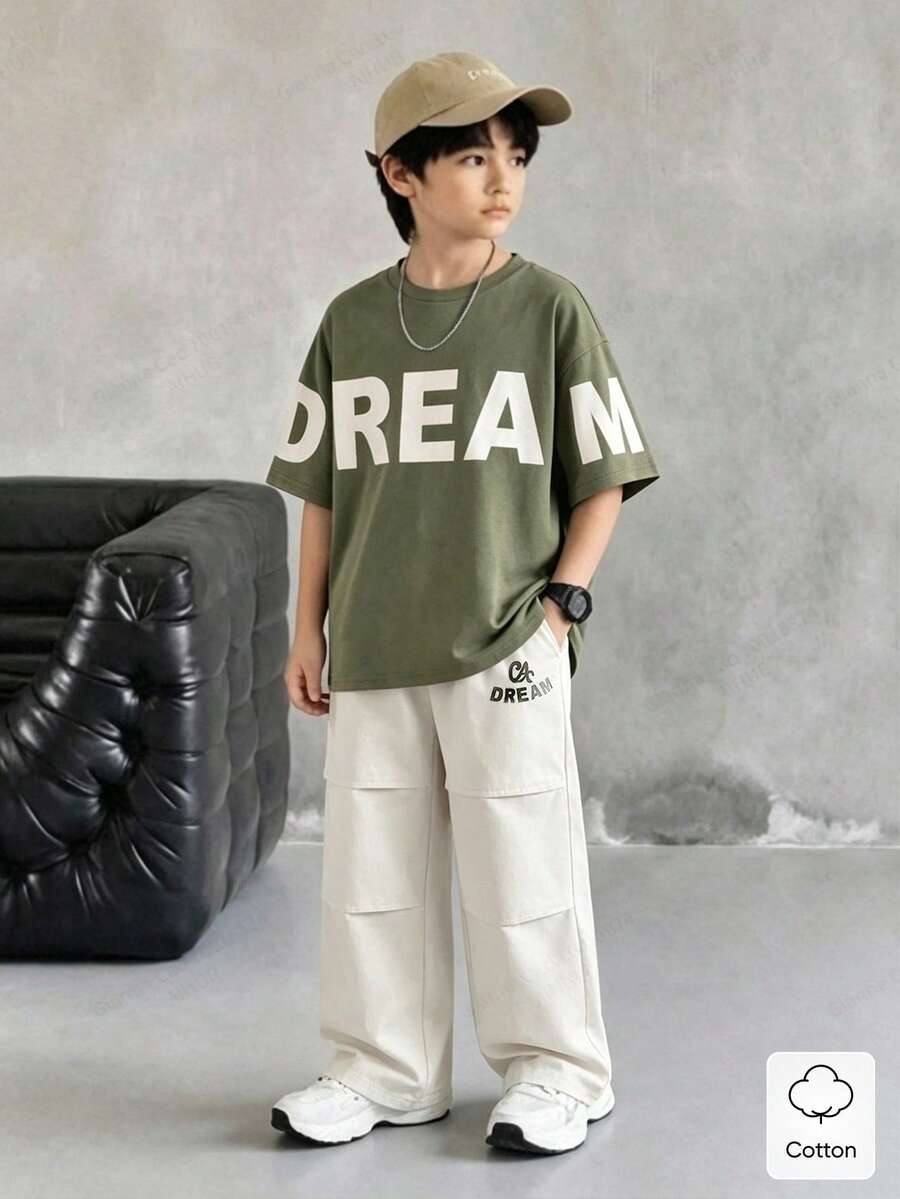 SHEIN 青少年男孩字母印花短袖T恤與長褲休閒日常2件套 - 綠色 - 查看 1