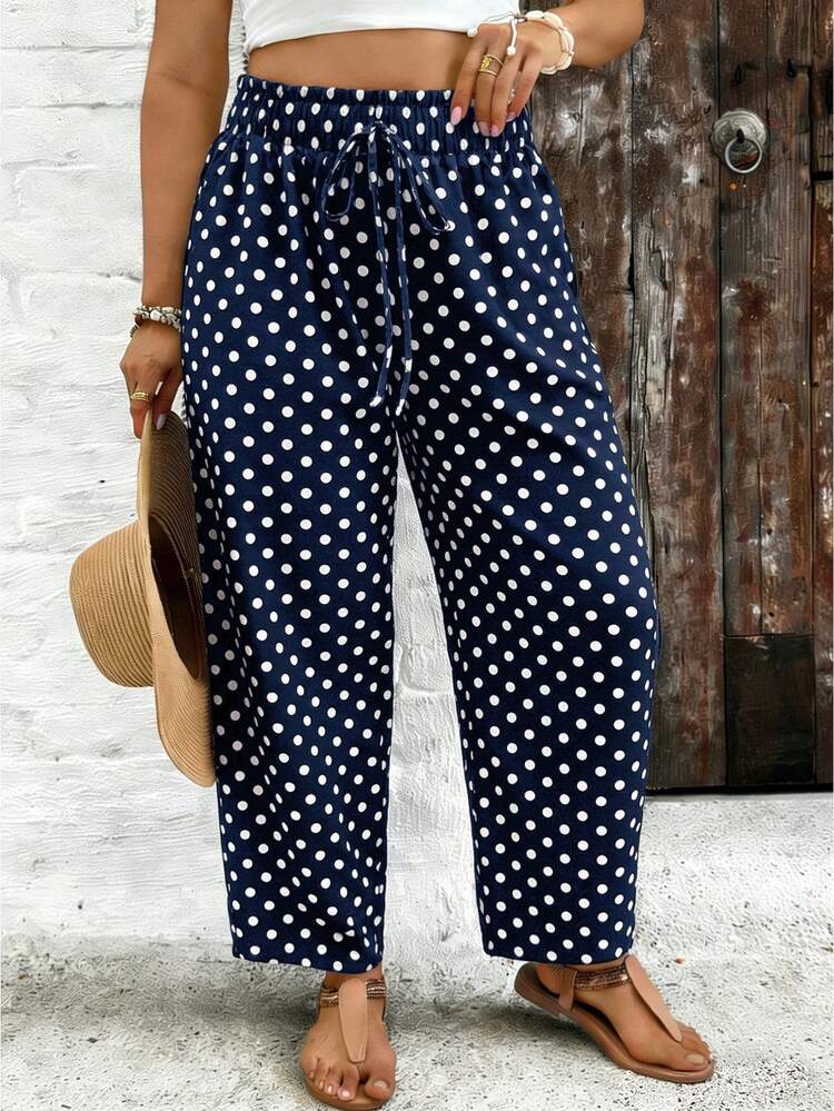 SHEIN PETITE CURVE Plus Size Polka Dot Print Casual Vacation Pants Fall - Navy Blue - View 5