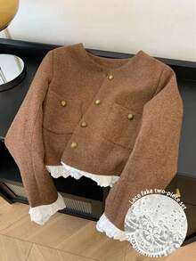 Franclia Chaqueta corta de mujer con parches de encaje, nuevo estilo de otoño - Café integral - Ver 6