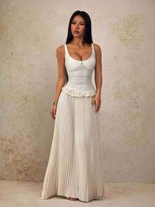 SHEIN PETITE New Slim Fit Elastic Fishbone Sexy Low Cut Pleated Dress With Lace Trim Decor Solid White Long Dress - Beige - View 6