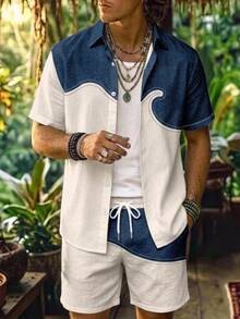 Alderstead Men's Two Piece Set,  Print Textured Fabric, Button Down Shirt And Shorts, Contrast Design, For Vacation, Beach, Daily Wear - Multicolor - View 7