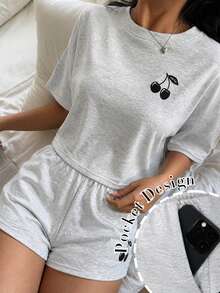 Aidyla Spring/Summer Cherry Print Short Sleeve Top & Elastic Waist Sports Shorts 2-Piece Set, Casual Everyday Versatile Fashion Commute Women's Outfit - Light Grey - View 1