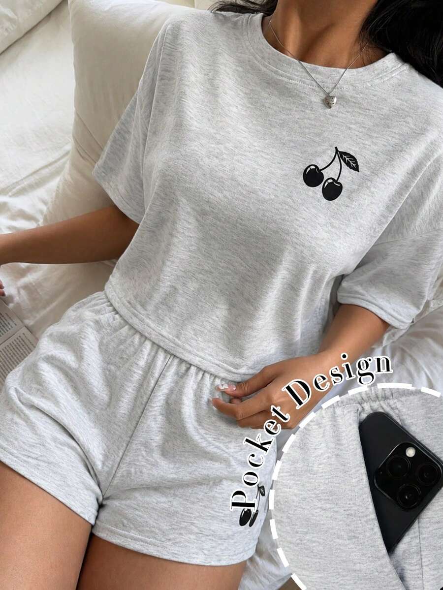 Aidyla Spring/Summer Cherry Print Short Sleeve Top & Elastic Waist Sports Shorts 2-Piece Set, Casual Everyday Versatile Fashion Commute Women's Outfit - Light Grey - View 1