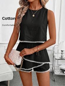 SHEIN Clasi Sleeveless Top And Ruffle Printed Shorts With Contrast Trim Set - Black - View 6