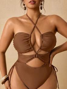 Travachic Plus Size Women Solid Color Criss-Cross Halter Hollow Out One-Piece Swimsuit With Side Tie High Cut Slimming Summer Beach Swimwear Suitable For Pool Party - Brown - View 2