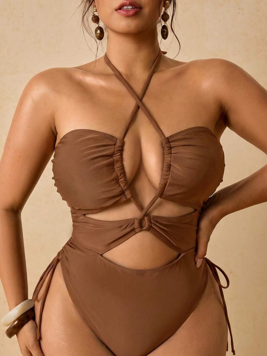 Travachic Plus Size Women Solid Color Criss-Cross Halter Hollow Out One-Piece Swimsuit With Side Tie High Cut Slimming Summer Beach Swimwear Suitable For Pool Party