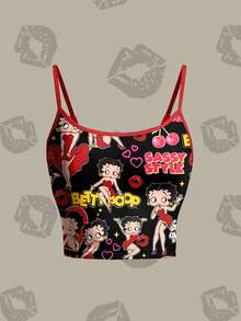Betty Boop x SHEIN Women's Casual Fashionable Street Cartoon Figure & Letter Graphic Contrast Binding Fitted Cropped Cami Top, Summer - White - View 1