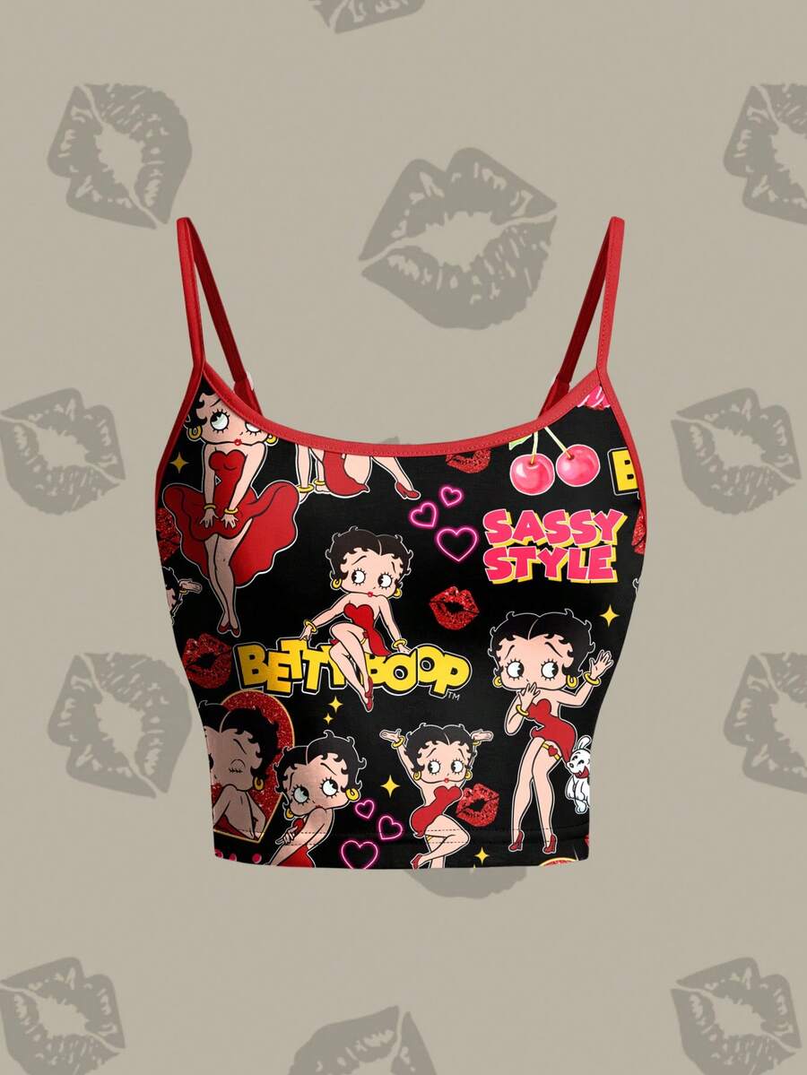 Betty Boop x SHEIN Women's Casual Fashionable Street Cartoon Figure & Letter Graphic Contrast Binding Fitted Cropped Cami Top, Summer - White - View 1
