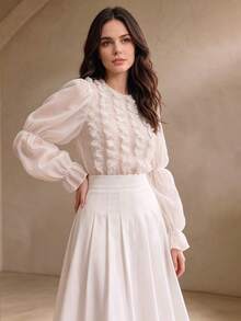 Anewsta Autumn/Winter Romantic French Chiffon Ruffle Petal Sleeve White Blouse - White - View 4