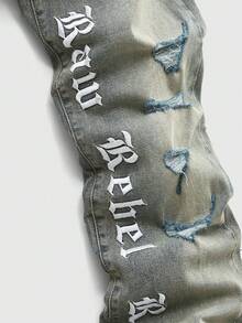 ROMWE MEN Street Life Jeans acampanados con bordado de letras desgastados para hombre - Azul - Ver 5