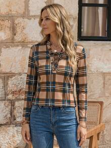 EMERY ROSE Women's Plaid Notch Neck Criss Cross Tie Short Sleeve T-Shirt With Rolled Cuffs For Spring Graphic Tees Women Tops - Brown - View 2