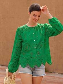 Frievida Women's Round Neck Embroidered Positioned Edge Long Sleeve Blouse Vacation Green Summer Boho Elegant - Olive Green - View 5