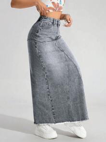 SHEIN ICON Plus Size Women Vintage Washed Denim Skirt, Autumn/Winter Date Night Dark Wash - Light Grey - View 5